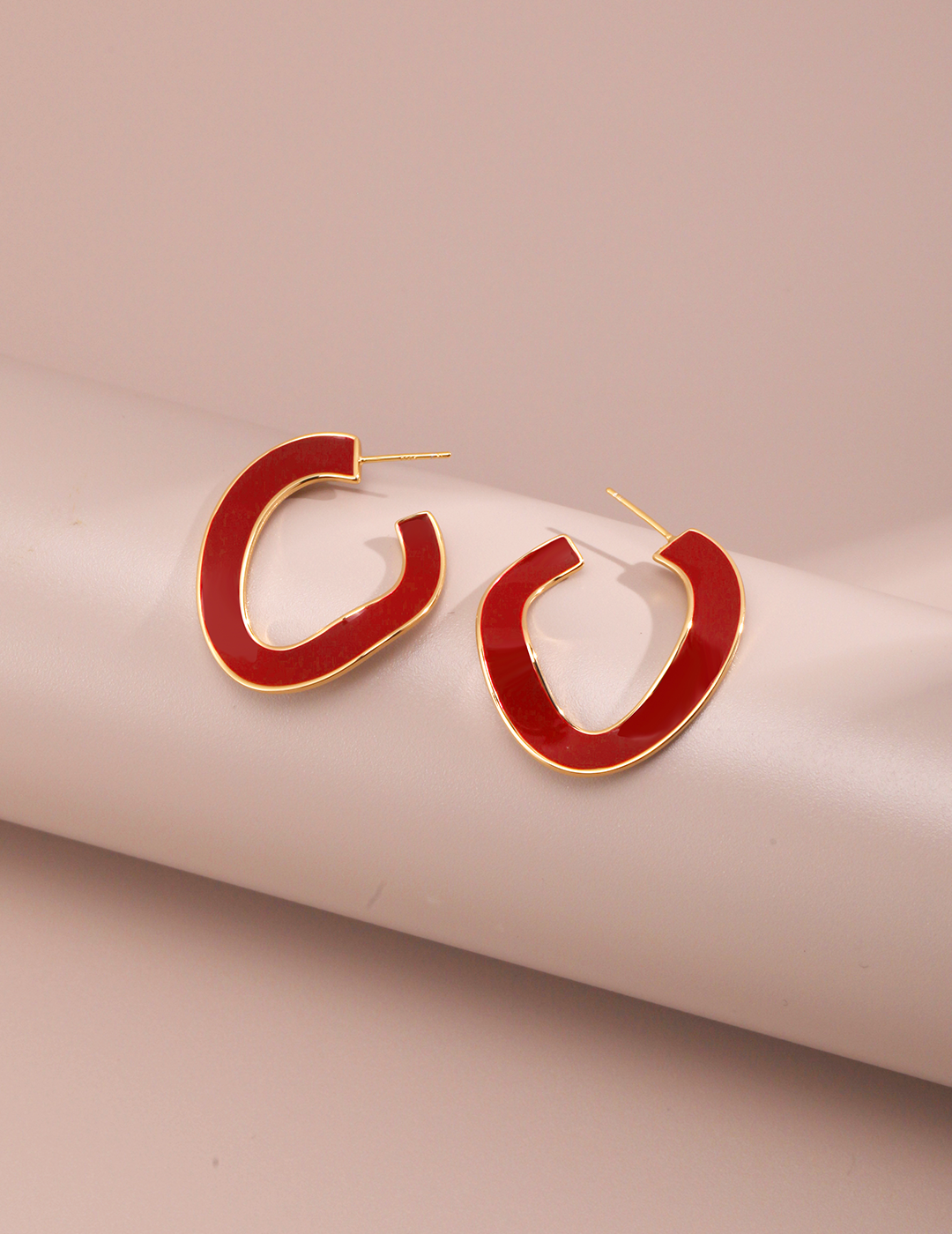 Red Enamel Chunky Irregular Hoop Earrings
