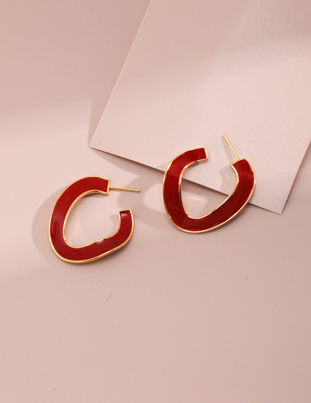 Red Enamel Chunky Irregular Hoop Earrings